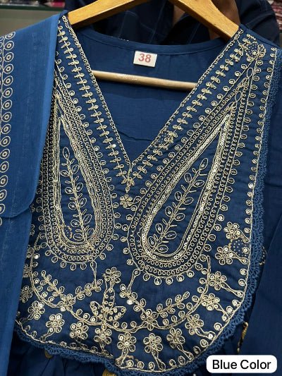 Peacock Blue Cotton Embroidery Sequin Work Anarkali Suit - BONYHUBSALWAR KAMEEZ