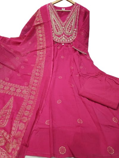 Rani Pink Cotton Embroidery Sequin Work Anarkali Suit - BONYHUBSALWAR KAMEEZ