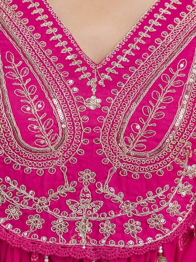 Rani Pink Cotton Embroidery Sequin Work Anarkali Suit - BONYHUBSALWAR KAMEEZ