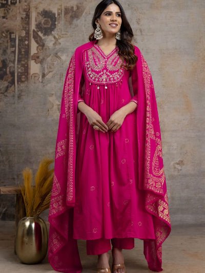 Rani Pink Cotton Embroidery Sequin Work Anarkali Suit - BONYHUBSALWAR KAMEEZ