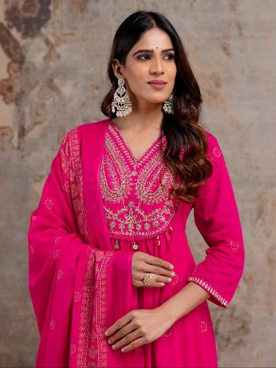 Rani Pink Cotton Embroidery Sequin Work Anarkali Suit - BONYHUBSALWAR KAMEEZ