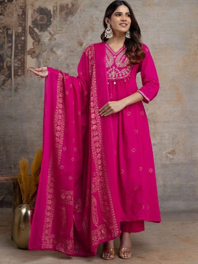 Rani Pink Cotton Embroidery Sequin Work Anarkali Suit - BONYHUBSALWAR KAMEEZ