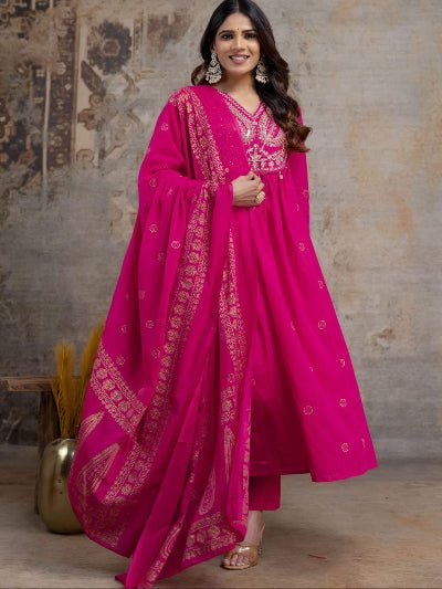 Rani Pink Cotton Embroidery Sequin Work Anarkali Suit - BONYHUBSALWAR KAMEEZ