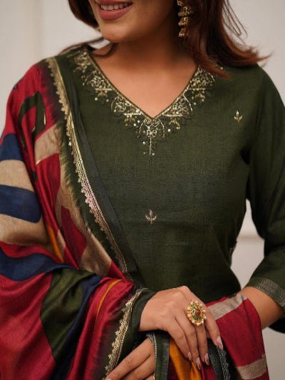 Olive Green Zari Work Embroidery Cotton Straight Suit Set - BONYHUBSALWAR KAMEEZ