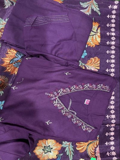 Royal Purple Zari Work Embroidery Cotton Straight Suit Set - BONYHUBSALWAR KAMEEZ