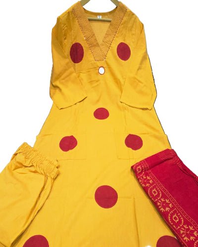 Mustard Yellow Polka Handblock Pure Cotton Straight Suit Set - BONYHUBSALWAR KAMEEZ