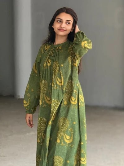 Green Cotton Discharge Rajasthani Print Kurti Pant Set - BONYHUBSALWAR KAMEEZ