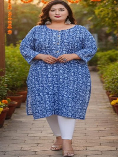 Plus Size Blue Rayon Gota Work Straight Kurti - BONYHUBSALWAR KAMEEZ
