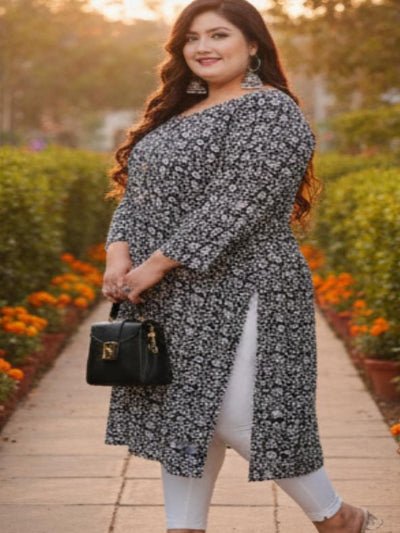 Plus Size Black Rayon Gota Work Straight Kurti - BONYHUBSALWAR KAMEEZ