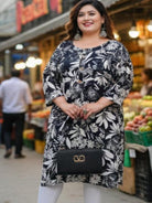 Plus Size Black Rayon White Floral Straight Kurti - BONYHUBSALWAR KAMEEZ