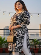 Plus Size Black Rayon White Floral Straight Kurti - BONYHUBSALWAR KAMEEZ