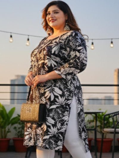 Plus Size Black Rayon White Floral Straight Kurti - BONYHUBSALWAR KAMEEZ