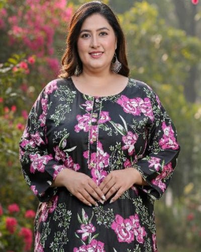 Plus Size Black Floral Rayon Gota Work Straight Kurti - BONYHUBSALWAR KAMEEZ