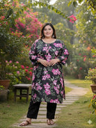 Plus Size Black Floral Rayon Gota Work Straight Kurti - BONYHUBSALWAR KAMEEZ