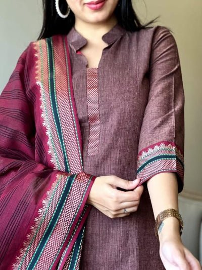 Maroon South Cotton Handloom Traditional Straight Suit - BONYHUBSALWAR KAMEEZ