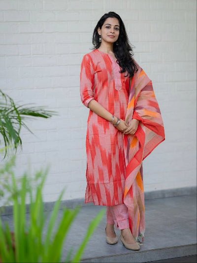 Pink Ikkat Handloom South Cotton Straight Suit - BONYHUBSALWAR KAMEEZ