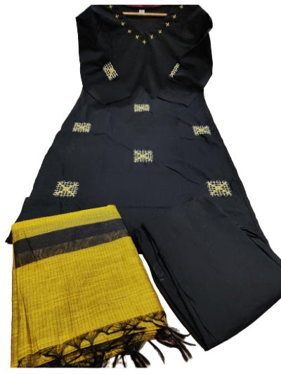Black Cotton Embroidery Straight Suit With Mustard Dupattta - BONYHUBSALWAR KAMEEZ