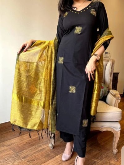 Black Cotton Embroidery Straight Suit With Mustard Dupattta - BONYHUBSALWAR KAMEEZ