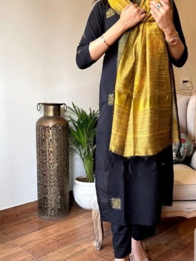Black Cotton Embroidery Straight Suit With Mustard Dupattta - BONYHUBSALWAR KAMEEZ