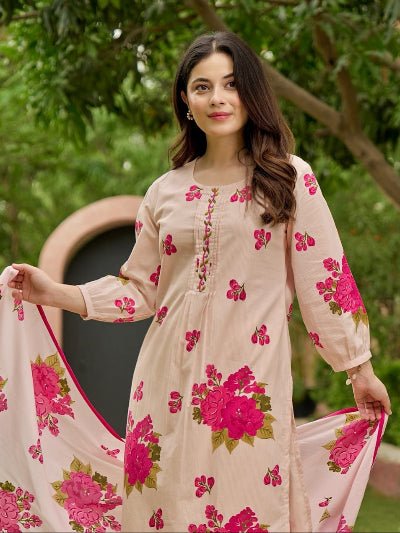 Elegant Cream Pink Floral Cotton Straight Suit Set - BONYHUBSALWAR KAMEEZ