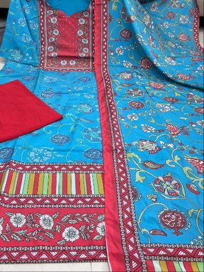 Blue & Red Silk Blend Printed Straight Suit Set - BONYHUBSALWAR KAMEEZ