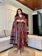 Red Katha Embroidery Angrakha Style Cotton Anarkali Suit Set - BONYHUBSALWAR KAMEEZ