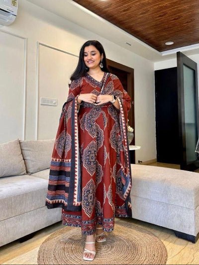 Red Katha Embroidery Angrakha Style Cotton Anarkali Suit Set - BONYHUBSALWAR KAMEEZ