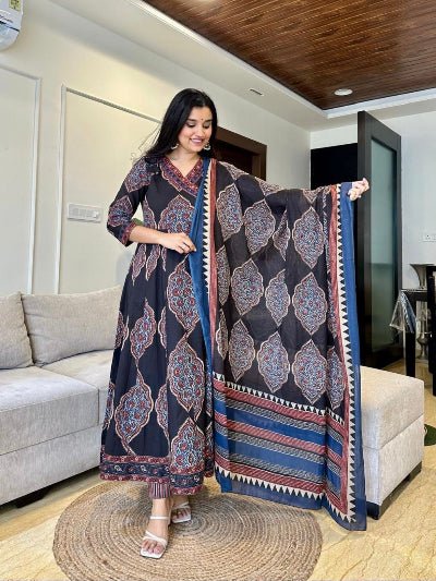 Black Katha Embroidery Angrakha Style Cotton Anarkali Suit Set - BONYHUBSALWAR KAMEEZ