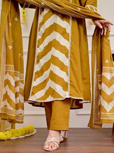 Mustard Yellow Printed Cotton Embroidery Anarkali Suit - BONYHUBSALWAR KAMEEZ