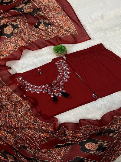 Red Embroidery Pure Cotton Ethnic Straight Suit - BONYHUBSALWAR KAMEEZ