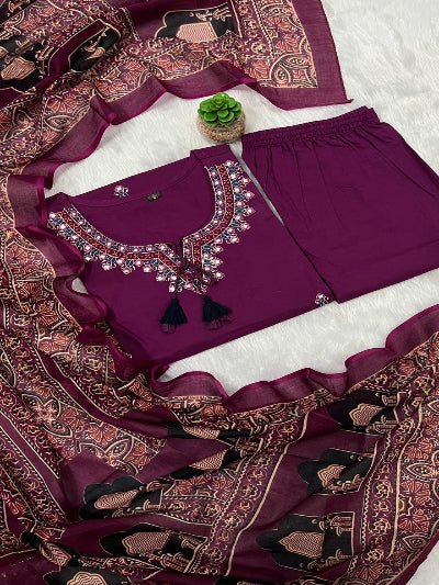 Burgandy Embroidery Pure Cotton Straight Suit - BONYHUBSALWAR KAMEEZ
