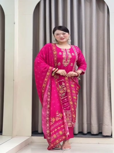 Rani Pink Pure Muslin Silk Straight Suit Set - BONYHUBSALWAR KAMEEZ