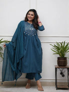 Turquoise Blue Mirror Embroidery Cotton Anarkali Suit Set - BONYHUBSALWAR KAMEEZ