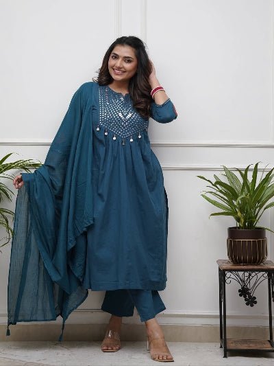 Turquoise Blue Mirror Embroidery Cotton Anarkali Suit Set - BONYHUBSALWAR KAMEEZ