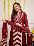 Elegant Maroon Printed Cotton Embroidery Anarkali Suit - BONYHUBSALWAR KAMEEZ