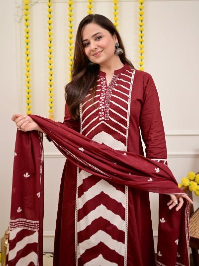 Elegant Maroon Printed Cotton Embroidery Anarkali Suit - BONYHUBSALWAR KAMEEZ