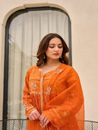 Orange Printed Chanderi Embroidery Cotton Anarkali Suit Set - BONYHUBSALWAR KAMEEZ