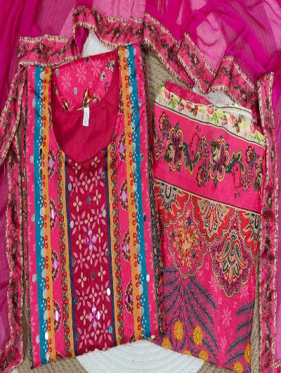 Plus Size Pink Digital Print Mirror Work Chinon Silk Straight Suit Set