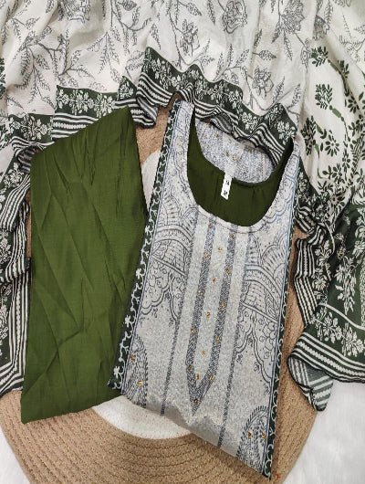 Plus Size Green Printed Handwork Chinon Straight Suit Set - BONYHUBSALWAR KAMEEZ