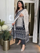 Plus Size Black Printed Handwork Chinon Straight Suit Set - BONYHUBSALWAR KAMEEZ