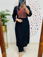 Plus Size Black Mirror Work Cotton Kurti Pant Set - BONYHUBSALWAR KAMEEZ