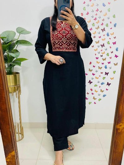 Plus Size Black Mirror Work Cotton Kurti Pant Set - BONYHUBSALWAR KAMEEZ