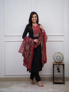Plus Size Black Handwork Cotton Straight Suit Set - BONYHUBSALWAR KAMEEZ