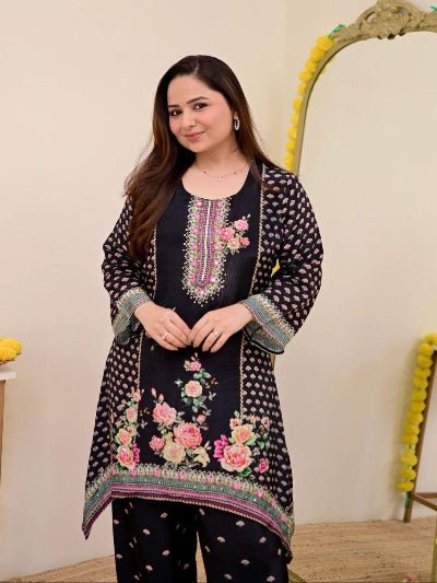 Plus Size Black Mirror Work Muslin Digital Print Kurti Palazzo - BONYHUBSALWAR KAMEEZ