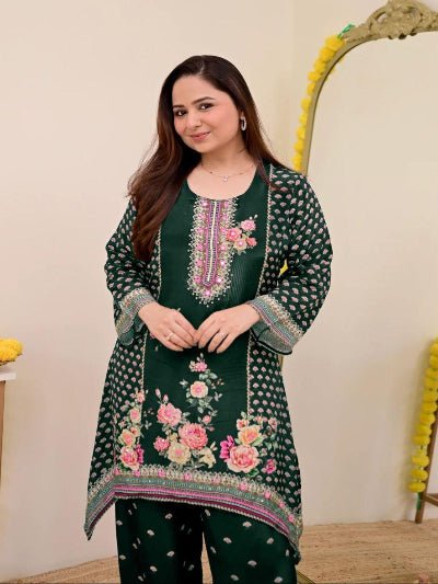 Plus Size Bottle Green Mirror Work Muslin Digital Print Kurti Palazzo - BONYHUBSALWAR KAMEEZ