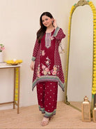 Plus Size Red Mirror Work Muslin Digital Print Kurti Pant Set - BONYHUBSALWAR KAMEEZ