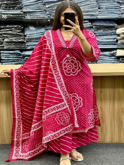 Beautiful Pink Bandhani Embroidery Cotton Straight Suit Set - BONYHUBSALWAR KAMEEZ