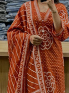 Rust Orange Bandhani Embroidery Cotton Straight Suit Set - BONYHUBSALWAR KAMEEZ