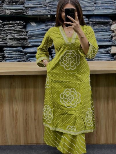 Limegreen Bandhani Embroidery Cotton Straight Suit Set - BONYHUBSALWAR KAMEEZ