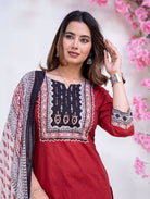 Red Stunning Adda Work Cotton Straight Suit Set - BONYHUBSALWAR KAMEEZ